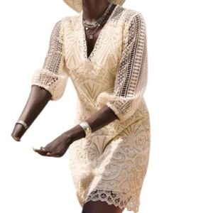 Sundance NWT Women’s Size 8 P Cream Ivory Lace V-Neck Bubble Sleeve Dress